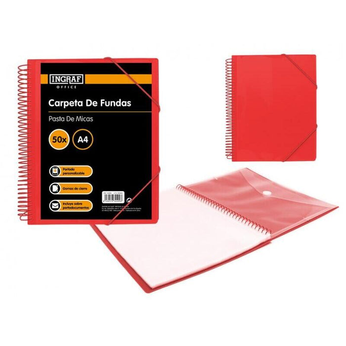 Ingraf Carpeta 50 Fundas Con Sobre Portada - Polipropileno Rigido - Tamaño A4 - Espiral Plastica Indeformable -