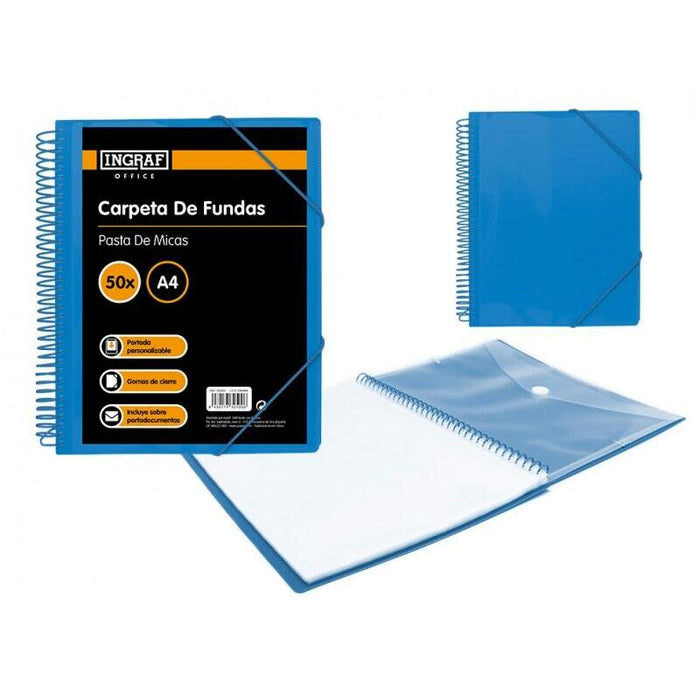 Ingraf Carpeta 50 Fundas Con Sobre Portada - Polipropileno Rigido - Tamaño A4 - Espiral Plastica Indeformable -