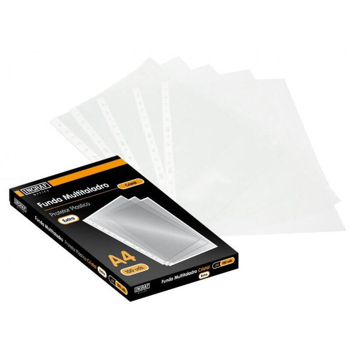 Ingraf Pack De 100 Fundas Multicristal A4 Transparentes - Uso En Carpetas Con Mecanismo De Anillas - Acabados En