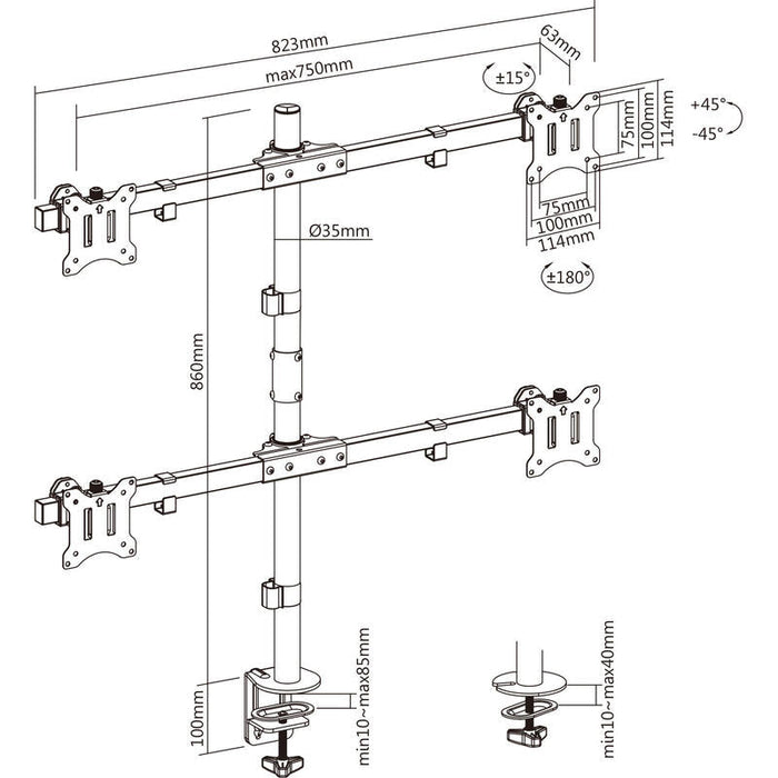 Inline® Desk Bracket For  3x Tv / Led / Tft Display Up A 81cm 32" Max. 7kg