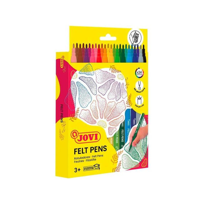 Jovi Felt Pens Estuche De 24 Rotuladores - Punta De 2mm - Amplia Variedad De Tonos - Tinta De Gran Fijacion - Capuchon