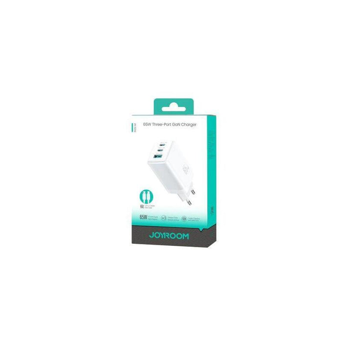 Joyroom Travel Charger Gan Fast Charger C+C+U, Pd 65w With Type-C To Type-C Cable (1.2m), White (Jr-Tg10)