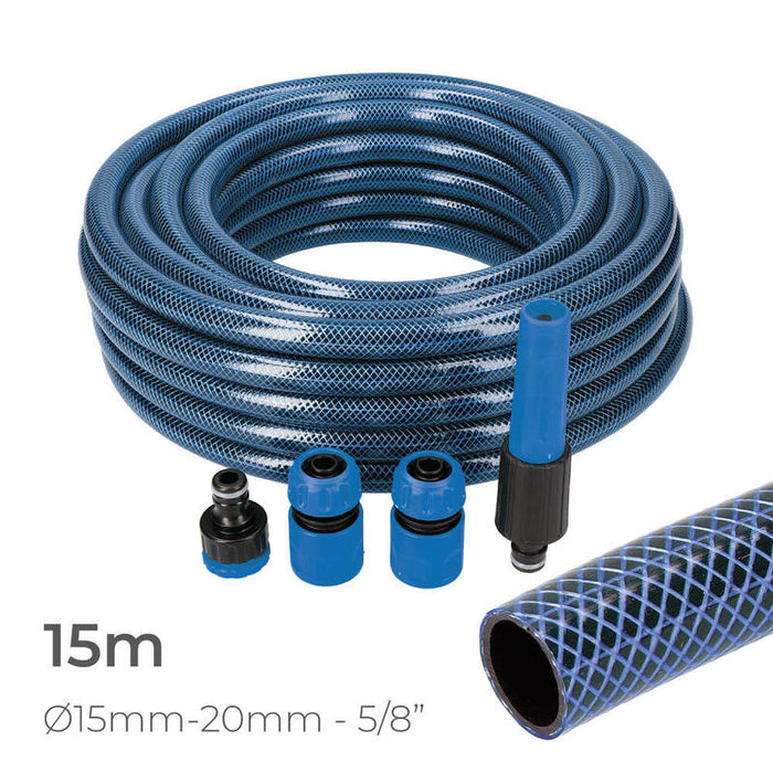 Kit Manguera De Jardin Blue Interior Ø15mm. Exterior Ø20mm (5/8") Rollo 15m Con Accesorios Edm