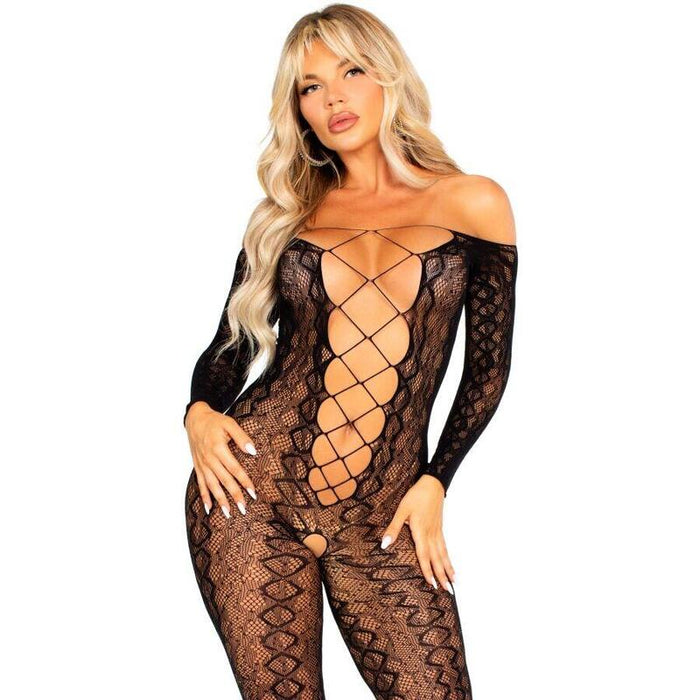 Leg Avenue - Bodystocking Sin Entrepierna De Encaje De Serpiente Exótica Negro