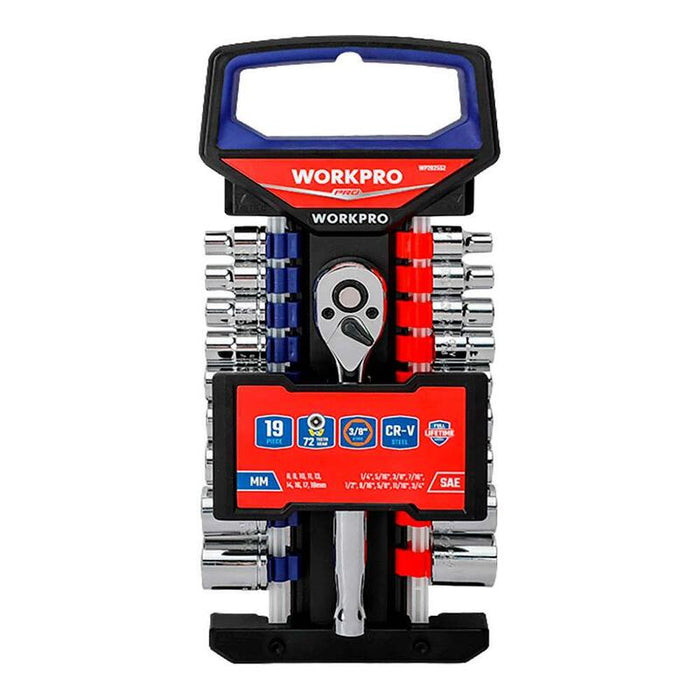 Llave De Carraca Y Vasos 3/8 Pulg, Juego 19 Piezas, Métrico-Sae