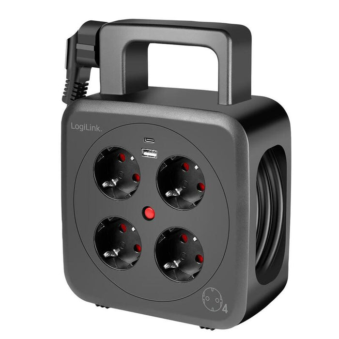 Logilink Power Cable Reel 5m, 4 Sockets, W Usb-A & Usb-C 20w, Ip20