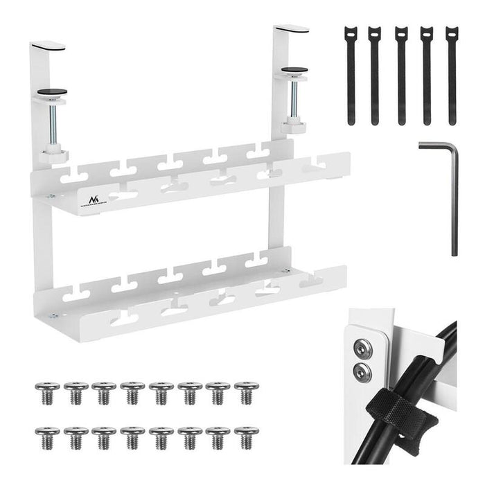 Maclean Mc-104 W Organizador De Cables Bajo Escritorio, Carga Máx. 5 Kg, 2 Niveles, Blanco