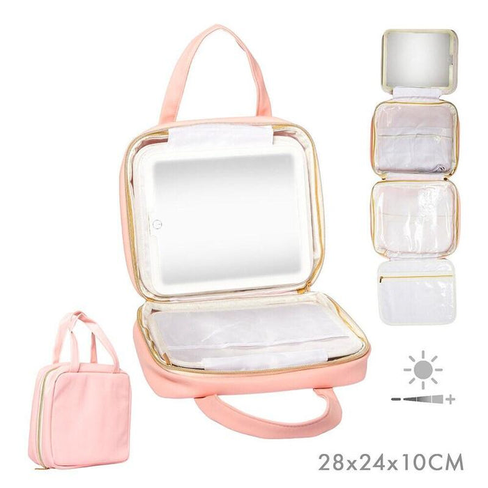 Maletín Desplegable Para Cosméticos Con Espejo Led Y Colgador, Rosa, 27 X 8,5 X 22 Cm