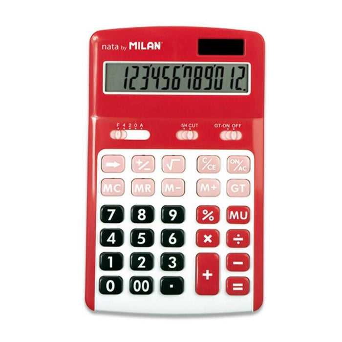 Milan Calculadoras De 12 Digitos - 3 Teclas De Memoria - Calculo De Margenes - Raiz Cuadrada - Apagado Automatico - Color Rojo Y Blanco