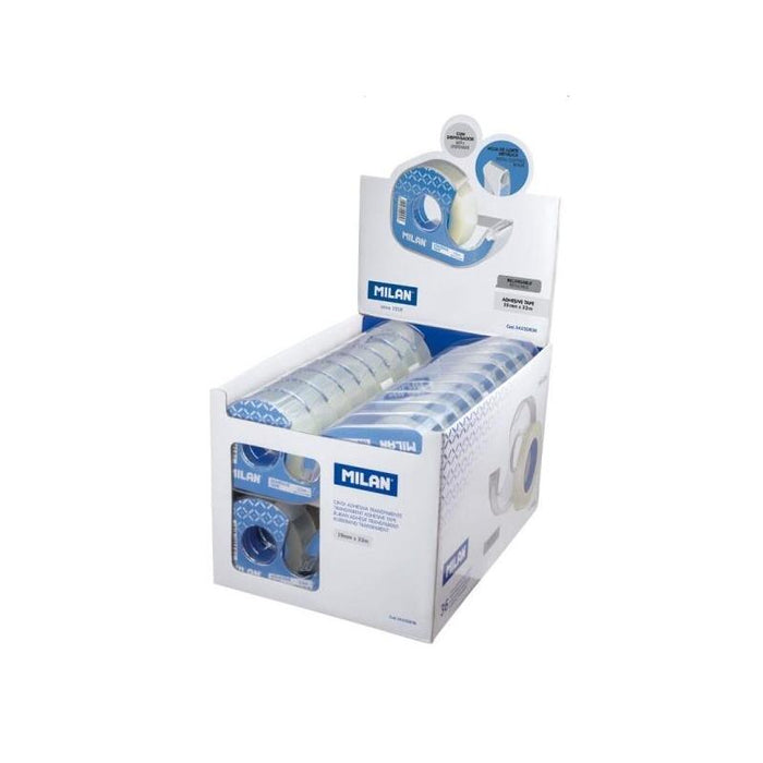 Milan Expositor De 36 Cintas Adhesivas Transparentes Con Dispensador - Medidas 19mm X 33m - Transparente Brillante