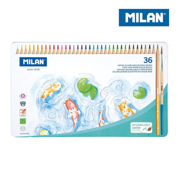 Milan Lápices De Colores Acuarelables Mina Gruesa + Pincel Colores Surtidos  Caja Metálica 36 Ud