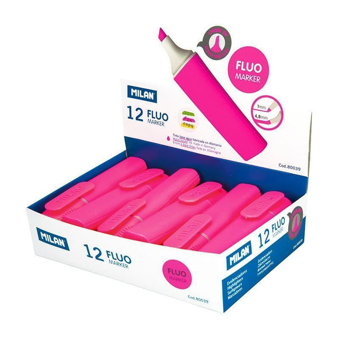 Milan Marcador Fluorescente Fluo Rosa Punta Biselada Caja Expositoria 12u
