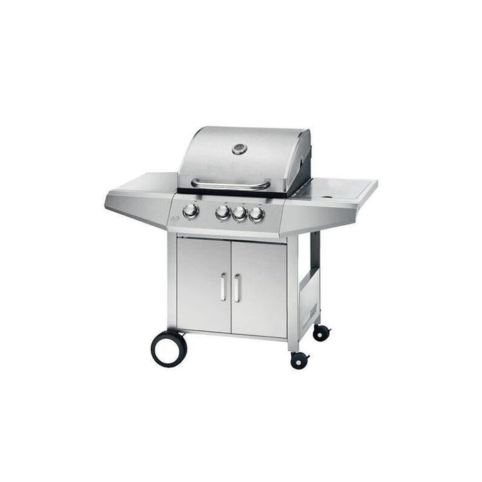 Muvip Barbacoa Gas Inox 4 Fuegos - Estructura De Acero Inoxidable - 3 Fuegos Centrales + 1 Fuego Lateral - 2 Rejillas Esmaltadas - Bandeja Lateral - Asa Tacto Frio - Ruedas De Transporte - Color Plateado