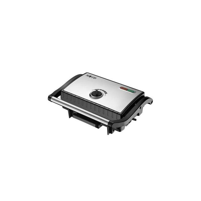 Muvip Sandwichera Inox Placa Lisa 1500w - Temperatura Regulable - Placa Superior Basculante - Presion Uniforme - Asa Tacto Frio