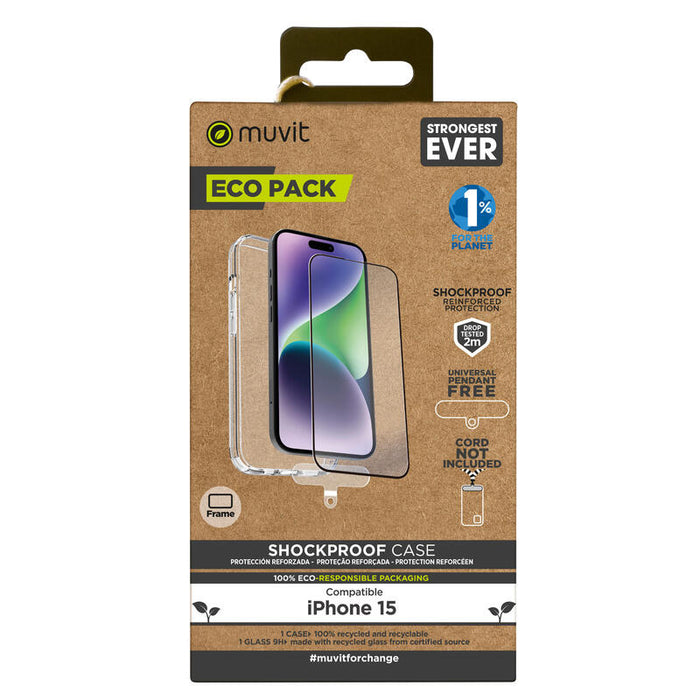 Muvit For Change Funda Shockproof 2m Apple Iphone 15 + Protector De Pantalla Vidrio Templado Plano Marco Negro