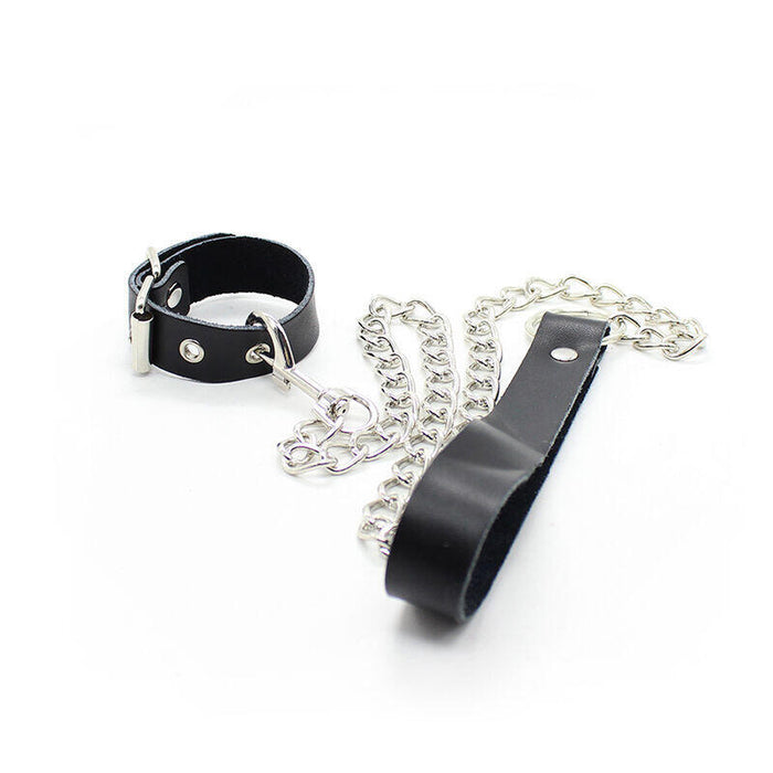 Ohmama Fetish - Collar Para Pene Y Correa Piel Con Cadena Metalica