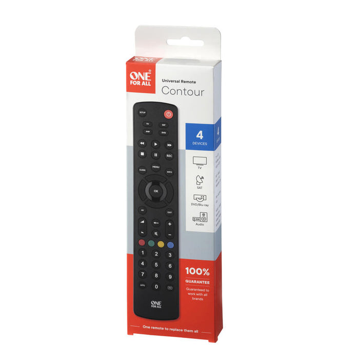 One For All Contour 4 Mando A Distancia Cable, Dtt, Dvd/Blu-Ray, Consola De Juegos, Sistema De Cine En Casa, Iptv, Sat, Tnt, Tv, Vcr Botones
