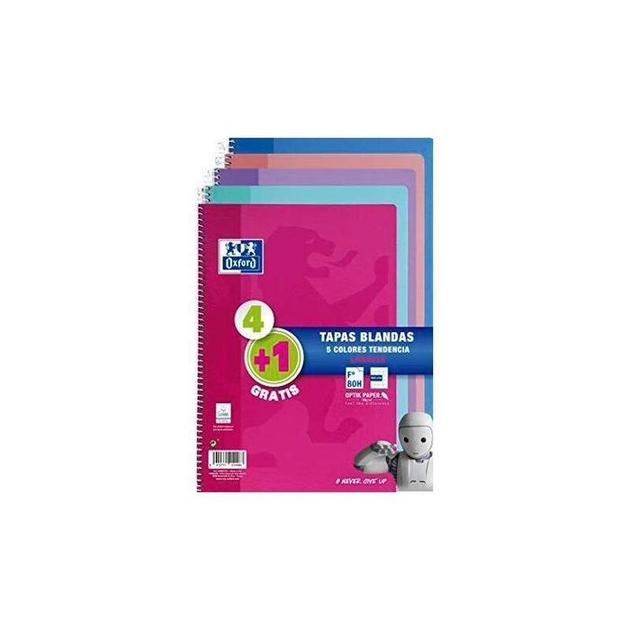 Oxford Cuaderno Espiral 80 Hojas 4x4 Con Margen Tapas Blandas Folio Colores Tendencia -Pack 4+1-