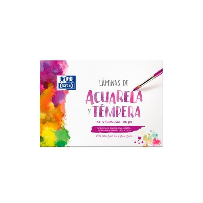 Oxford Láminas Para Pintura Acuarela Y Témpera 6h 300gr A3 Liso Blanco