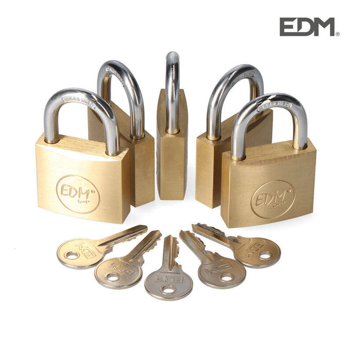 Pack 5 Candados De Laton Arco Normal 5 Llaves Iguales 40x23mm Edm