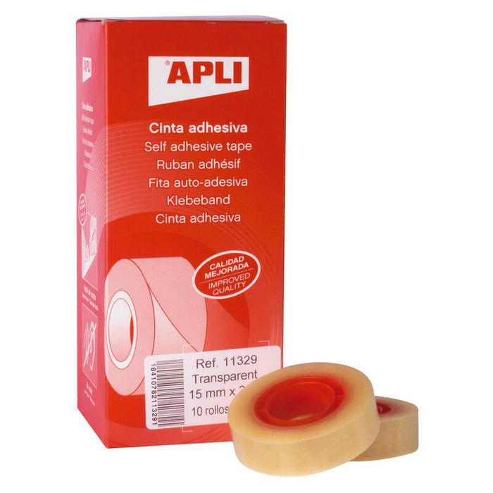 Pack De 10 Unidades Apli Cinta Adhesiva Transparente 15mm X 33m - Resistente Al Agua Y A La Intemperie - Facil De
