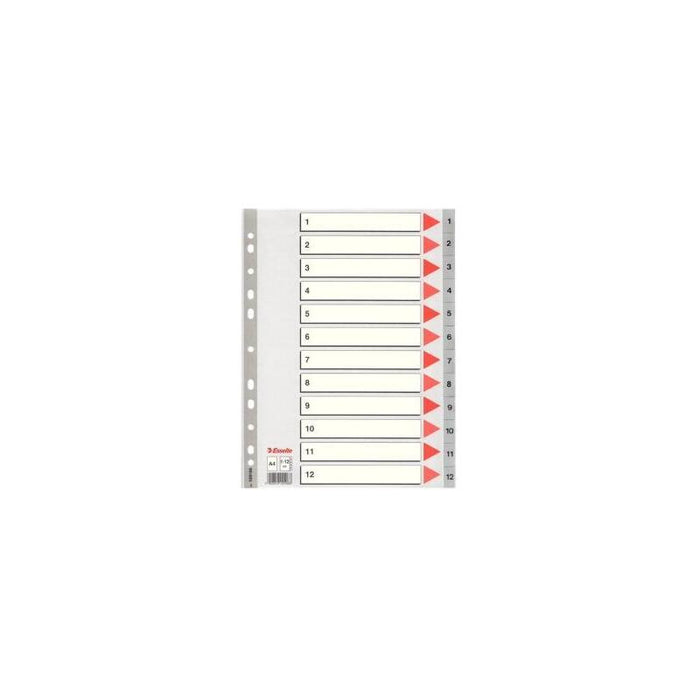 Pack De 10 Unidades Esselte Índice Numérico Multitaladro Separador 1-12 Polipropileno A4 Gris Con Carátula Índice Cartón Color