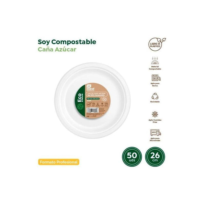 Pack De 10 Unidades Maxi Products Plato Llano Compostable Ø26cm Caña De Azúcar Blanco Pack 50 Ud
