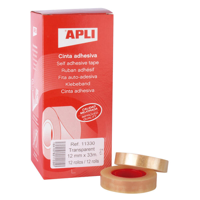Pack De 12 Unidades Apli Cinta Adhesiva Transparente 12mm X 33m - Resistente Al Agua Y A La Intemperie - Facil De Cortar Y Aplicar - Ideal Para Manualidades Y Embalaje Transparente