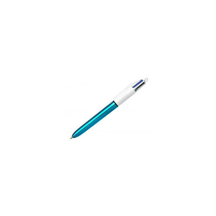 Pack De 12 Unidades Bic 4 Colours Shine Boligrafo De Bola Retractil - Punta De 1mm - Trazo De 0.4mm - Tinta Con Base De Aceite - Cuerpo Azul Metalizado/Blanco - 4 Colores