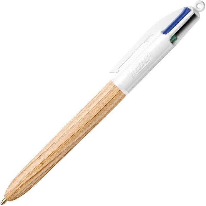 Pack De 12 Unidades Bic 4 Colours Wood Style Boligrafo De Bola Retractil - Punta Media De 1.0mm - Tinta Con Base De Aceite - Diseño Madera - 4 Colores