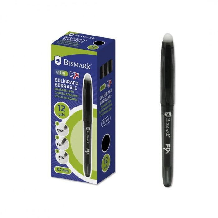 Pack De 12 Unidades Bismark Fix Boligrafo Borrable - Punta Fina 0.7mm - Con Capuchon - Color Negro