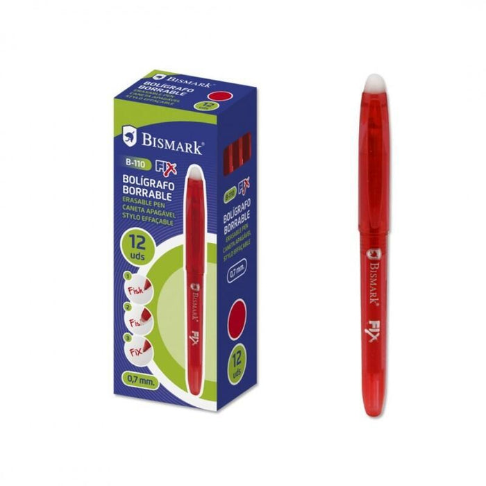 Pack De 12 Unidades Bismark Fix Boligrafo Borrable - Punta Fina 0.7mm - Con Capuchon - Color Rojo