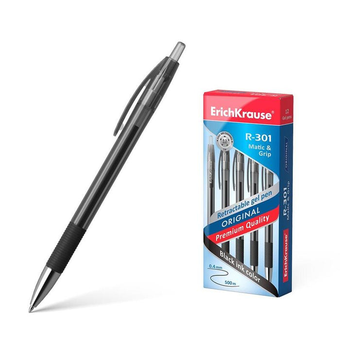 Pack De 12 Unidades Erichkrause Boligrafo De Gel Automatico R-301 Original Gel Matic&Grip - Tinta De Gel De Secado Rapido - Cuerpo Transparente Con Grip De Goma - Color Negro