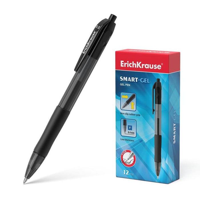 Pack De 12 Unidades Erichkrause Boligrafo De Gel Automatico Smart-Gel - Punta Normal - Cuerpo Translucido Redondo - Agarre Comodo - Tinta De Gel De Secado Rapido - Longitud De Linea Continua De 500m - Espesor De 04mm - Color Negro