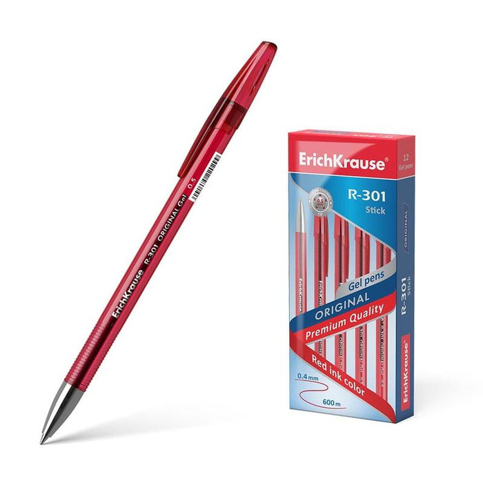 Pack De 12 Unidades Erichkrause Boligrafo De Gel R-301 Original Gel 05 - Cuerpo Redondo Translucido - Grip Perfilado Comodo - Tinta De Gel De Secado Rapido - Color Rojo