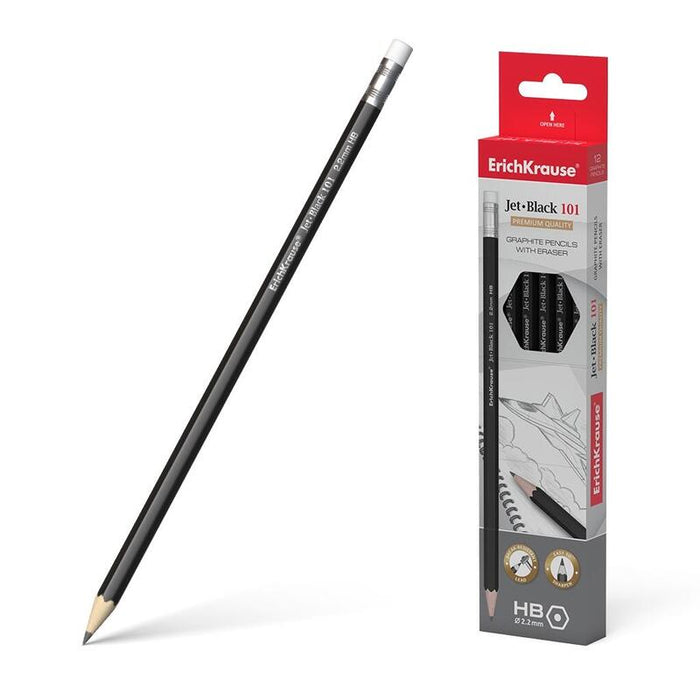 Pack De 12 Unidades Erichkrause Jet - Lapiz De Grafito Hexagonal Con Goma De Borrar - Resistente Al Impacto - Color Negro
