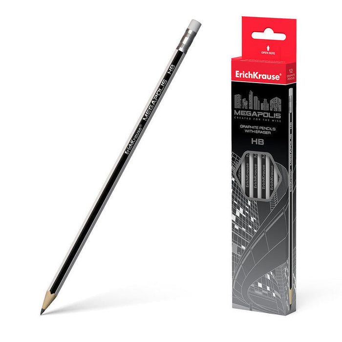 Pack De 12 Unidades Erichkrause Lapiz De Grafito Hexagonal Con Goma De Borrar Megapolis Hb - Madera Seleccionada - Alta Resistencia Al Impacto - Facil Afilado - Caucho Termoplastico Hipoalergenico - Color Negro