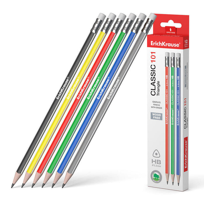 Pack De 12 Unidades Erichkrause Lapiz De Grafito Plastico Triangular Con Goma De Borrar Classic 101 Triangle Hb - Color Negro