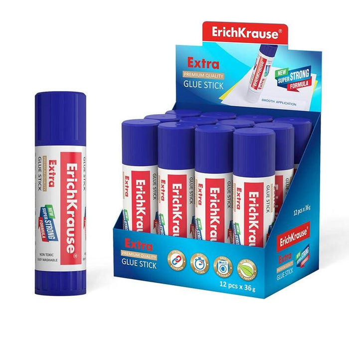 Pack De 12 Unidades Erichkrause Pegamento En Barra Extra - Formula Super Fuerte En Base A Pvp - Consumo Economico - Adhesion Rapida Y Fiable - Facil De Lavar Con Agua - No Toxico - Sin Solventes - Resistente Al Frio - Ideal Para Papel, Cart