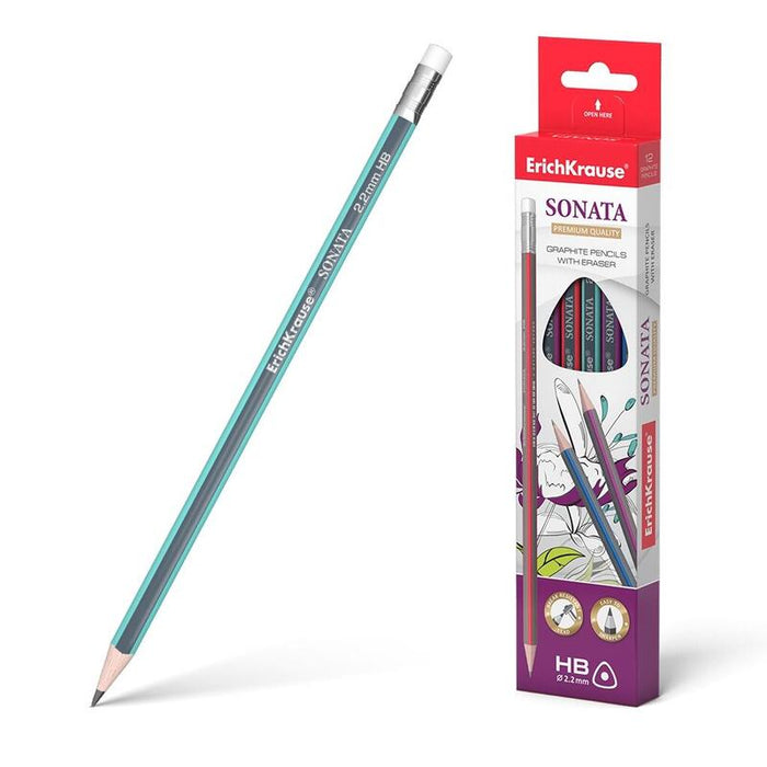 Pack De 12 Unidades Erichkrause Sonata Hb - Lapiz De Grafito Triangular Con Goma De Borrar - Madera Seleccionada - Dureza Hb - Resistente Al Impacto - Facil Afilado - No Araña El Papel - Borrador De Dureza Media - Caucho Termoplastico Hipoa