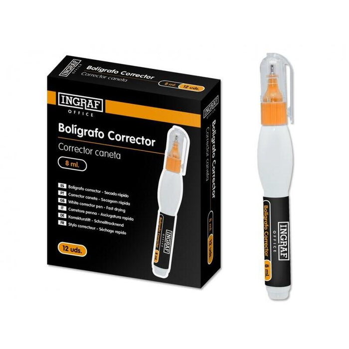 Pack De 12 Unidades Ingraf Corrector Boligrafo De 8 Mililitros - Punta Metalica Fina - Secado Rapido - Forma Ergonomica