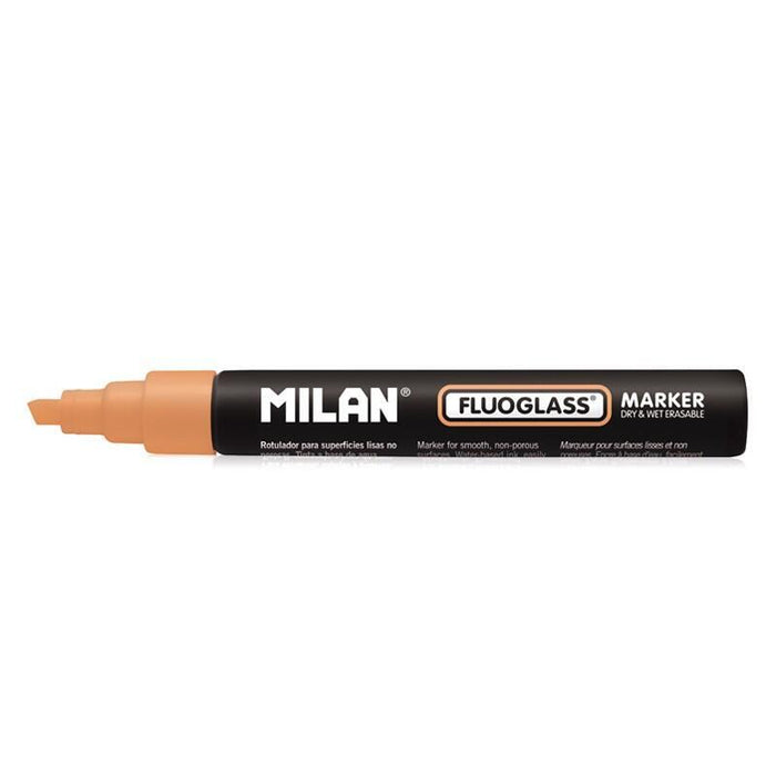Pack De 12 Unidades Milan Fluoglass Rotulador Superficies Lisas - Punta Biselada - Trazo De 2 - 4mm - Tinta Al Agua - Borrado Facil - Color Naranja