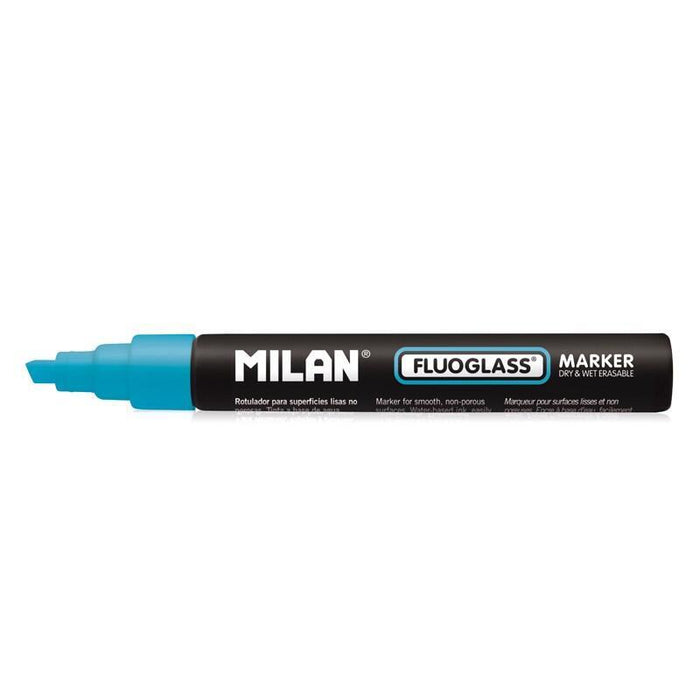 Pack De 12 Unidades Milan Fluoglass Rotulador Superficies Lisas - Punta Biselada - Trazo De 2 - 4mm - Tinta Al Agua - Borrado Facil - Color Azul