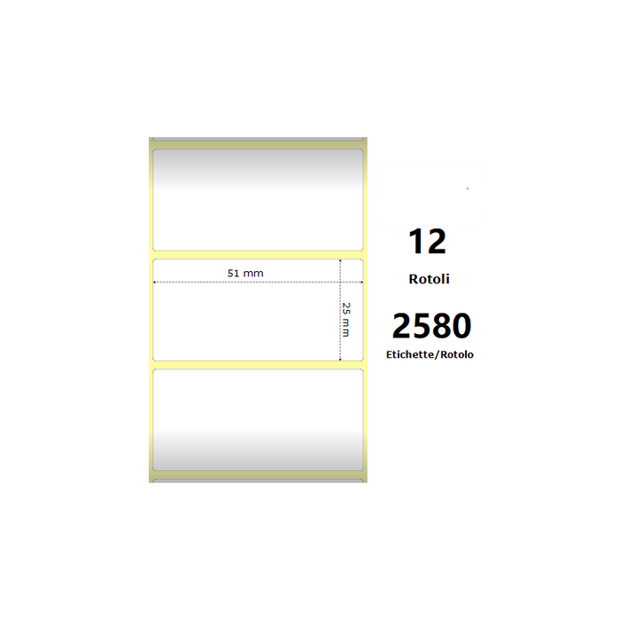 Pack De 12 Unidades White 51x25mm 2580 Et/Rotolo Z-2000d 2x1x1 Core 12 Rolls Ze880199-025d