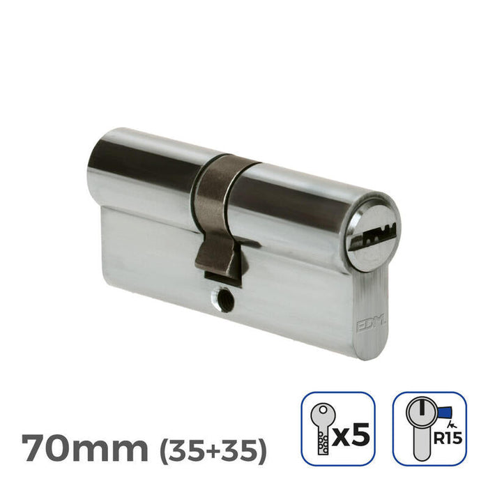 Pack De 2 Unidades - Cilindro 70mm (35+35mm) Niquelado, Leva Larga R15 Con 5 Llaves Seguridad Incluidas