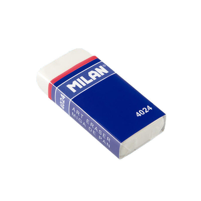 Pack De 24 Unidades Milan 4024 Goma De Borrar Rectangular - Miga De Pan Flexible - Caucho Sintetico - Faja De Carton Azul - Envuelta Individualmente - Color Blanco