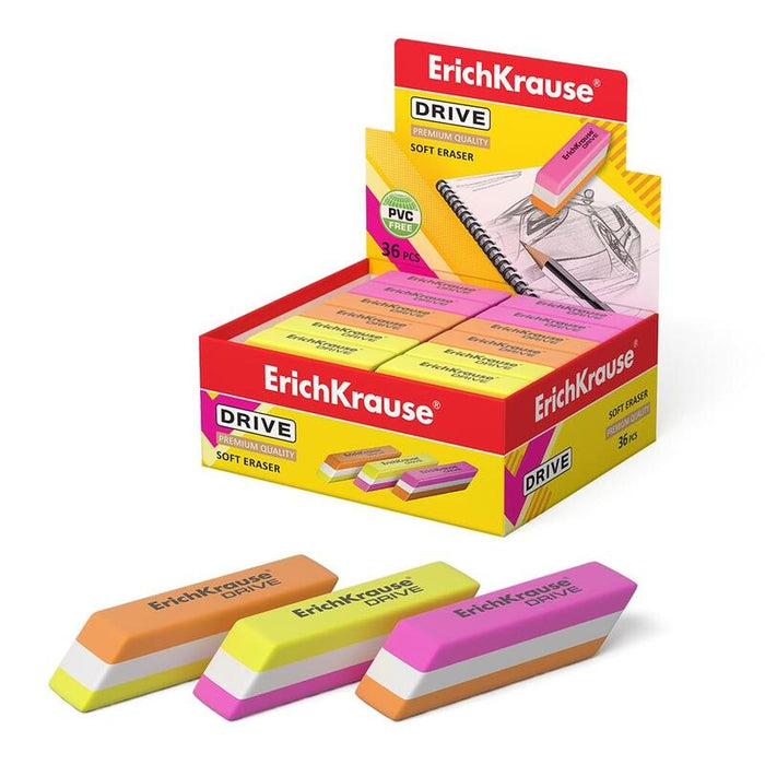 Pack De 36 Unidades Erichkrause Drive Goma De Borrar Suave De Forma Clasica - Fabricado De Caucho Termoplastico Hipoalergenico - Diseño En Color De Tres Capas - Libre De Impurezas - No Contiene Pvc - Color Negro