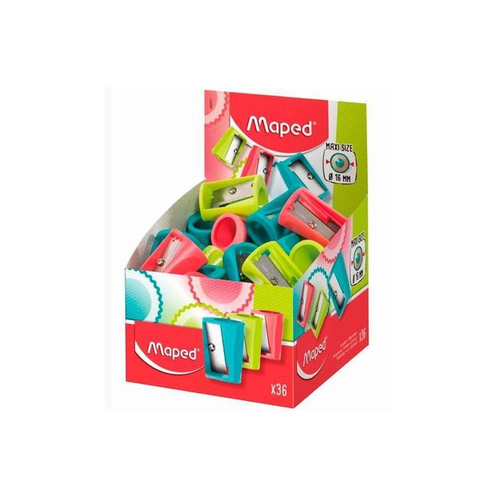 Pack De 36 Unidades Maped Vivo Maxi Sacapuntas De Plastico Con 1 Orificio De 16mm - Cuchilla De Acero Afilada Y
