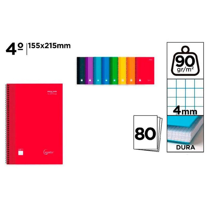 Pack De 4 Unidades - Cuaderno A5, Con Espiral, Tapa Dura, 80 Hojas Cuadrícula 4 Mm, Colores Surtidos