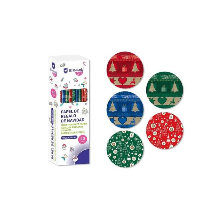 Pack De 40 Unidades Bismark Navidad Metalizado Rollo De Papel Regalo - Medidas 100cmx300cm - 5 Diseños Diferentes